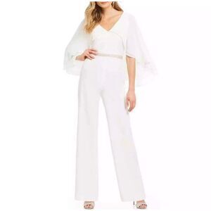 Belle Badgley Mischka Cape Sleeve Jumpsuit Ivory Sz 12 Formal Wedding Bride $279